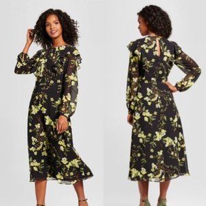 Who What Wear Black & Yellow Floral Midi Dress w/Ruffles and Long Sleeves